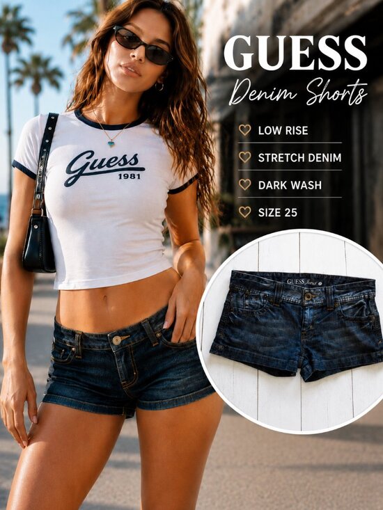 Guess Pants - GUESS Denim Shorts Dark Wash Low Rise Stretch Y2K Size 25